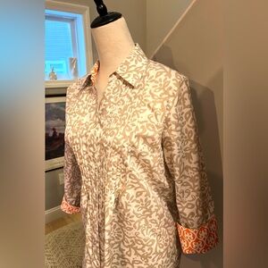 FOXCROFT Blouse Fitted Long Sleeve Top Damask Beige w Orange Cuffs